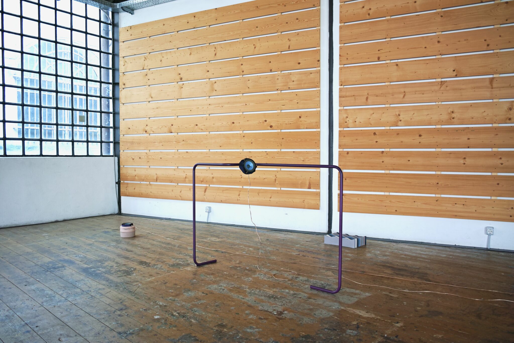 speaker, powder-coated bent metal structures, audio cables, Jesmonite sculpture, Polyester fabric