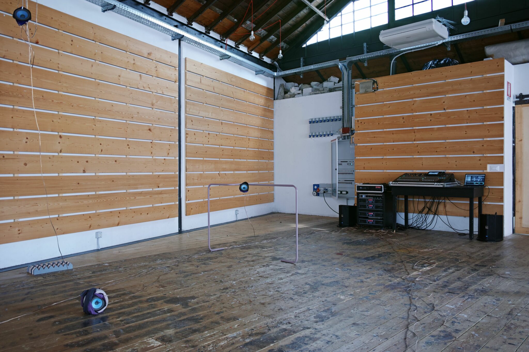 speaker, powder-coated bent metal structures, audio cables, Jesmonite sculpture, Polyester fabric