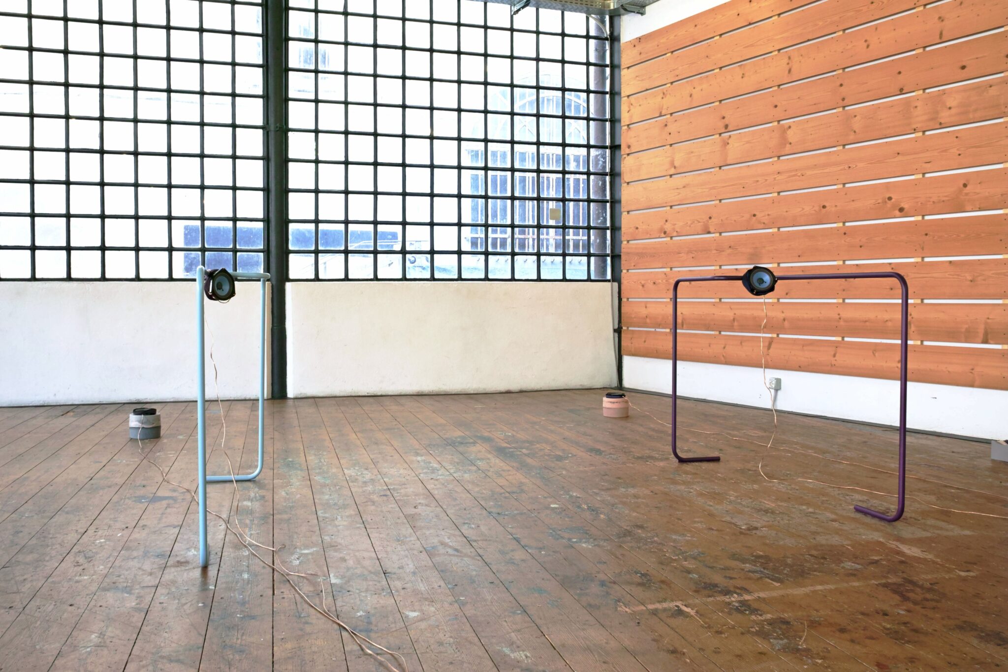 speakers, powder-coated bent metal structures, copper audio cables, Jesmonite sculptures, Lycra, Polyester fabric